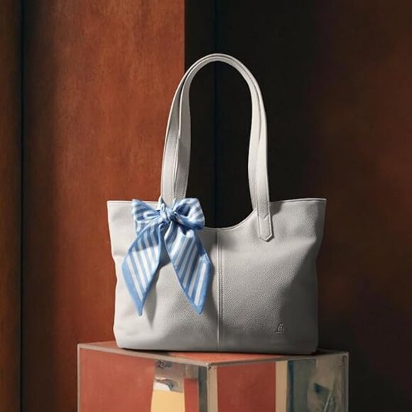 Neiman Marcus LuxeBold Beige Leather Summer Tote Bag with Silk Scarf - Picture 2 of 4